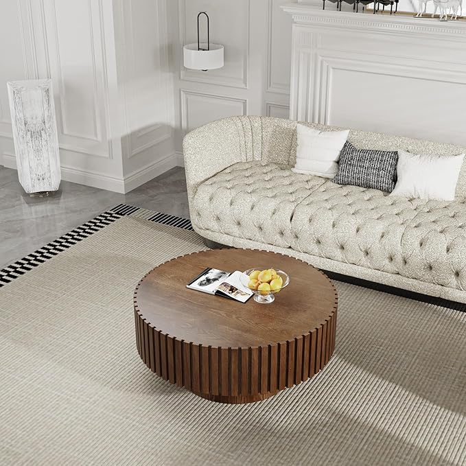 Modern Wood Round Coffee Table - Handcraft Drum Coffee Tables with Sturdy Base, Easy Assembly, Contemporary Style Small Coffee Table Tea Table for Living Room, Bedroom, Office (Brown Round)