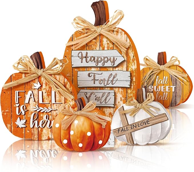 5 Pcs Classic Fall Pumpkin Decor for Home Thanksgiving Wooden Table Centerpiece Decorations Fall Wooden Pumpkin Signs for Autumn Farmhouse Home Living Room Kitchen Mantle Tabletop Supplies