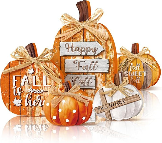 5 Pcs Classic Fall Pumpkin Decor for Home Thanksgiving Wooden Table Centerpiece Decorations Fall Wooden Pumpkin Signs for Autumn Farmhouse Home Living Room Kitchen Mantle Tabletop Supplies