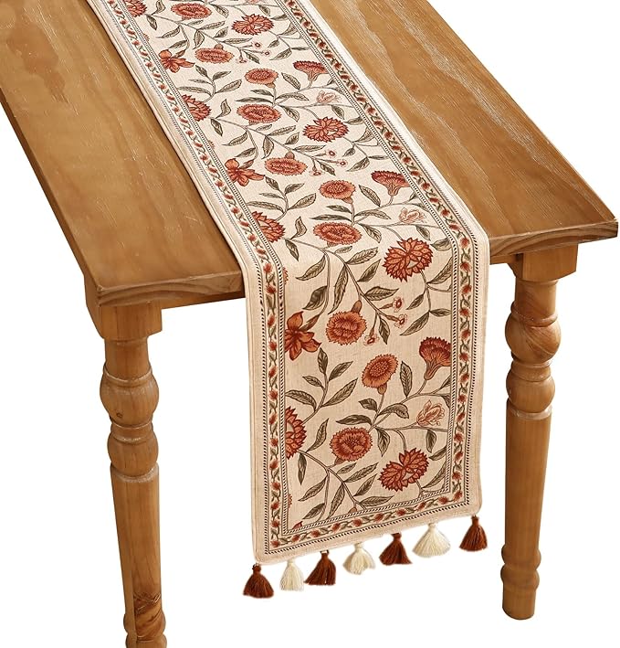ISAENNE Designer Elegant Linen Table Runner 71 Inches Long,Vintage Orange Floral Pattern Table Runners for Dining Tables,Kitchen Decor,Thanksgiving,Christmas,Banquet,12"*71"-Alvarado A