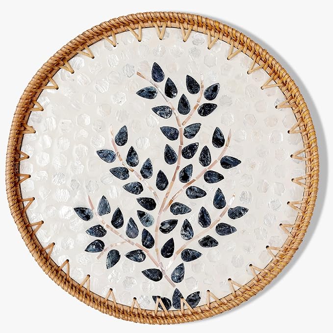 Round Rattan Tray with Mother of Pearl Inlay & Wooden Base - Decorative Wicker Serving Tray for Coffee/Bread/Fruits, Food Storage & Display - Multipurpose Home Decor (L,Little Tree)
