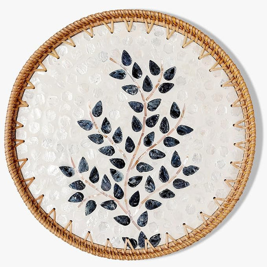 Round Rattan Tray with Mother of Pearl Inlay & Wooden Base - Decorative Wicker Serving Tray for Coffee/Bread/Fruits, Food Storage & Display - Multipurpose Home Decor (M,Little Tree)