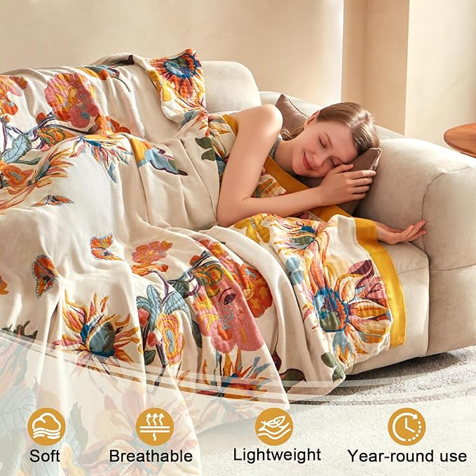 Boho Throw Blanket for Bed 60"x80", 100% Soft Cotton Bohemian Blankets with Rustic Floral Printed Decor, Fall Throw Blanket for Couch Cozy Breathable Twin Size All Season