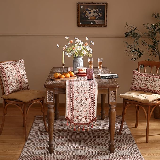 ISAENNE Designer Vintage Linen Table Runner 71 Inches Long,Red Floral Pattern Modern Decor Table Runners for Dining Tables,Thanksgiving,Kitchen Tables,Christmas,Banquet,12"*71"-Chamonix A