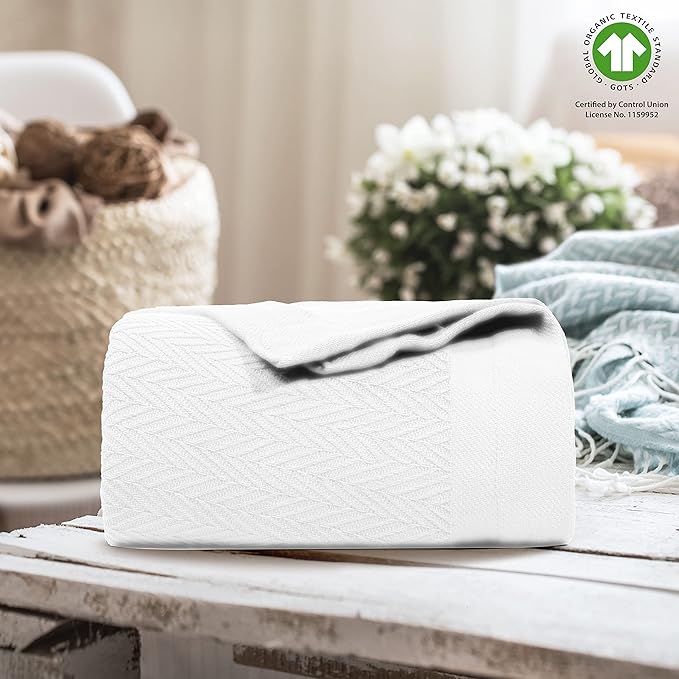 THREAD SPREAD 100% Pure Cotton, Luxury King/California King Size White Blanket - Herringbone Pattern, Soft & Cozy Premium Fall Throw Blanket for All Seasons, 350 GSM & 106 x 92 with Free Tote Bag