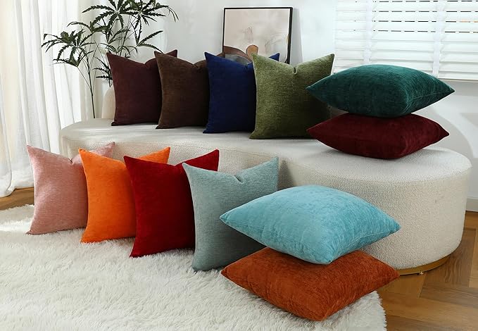 Sage Green Chenille Decorative Couch Throw Pillow Covers, Soft Cushion Cases for Home Livingroom Sofa Décor, Pack of 2, 14 x 14 Inches