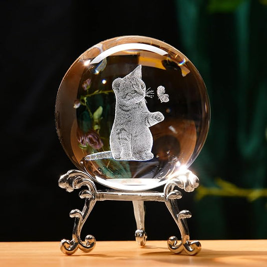 IFOLAINA 3D Cat Themed Gifts for Women 3D Crystal Ball Cat Related Sympathy Figurines Presents Kitty Decorative Globe Decor with Stand
