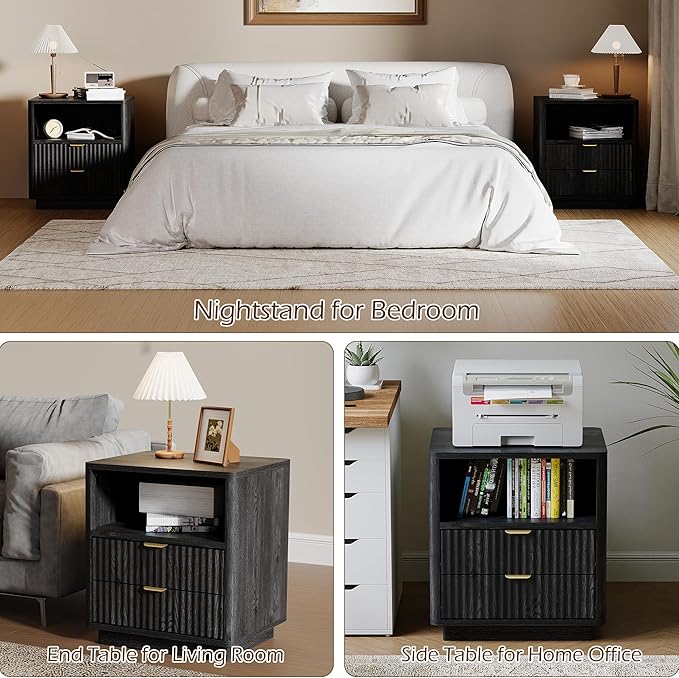 Fluted Nightstands Set of 2 - Black Nightstand with 2 Drawers & Open Shelves, 22" Wide Large Bedside Stand Modern Storage Wooden Side Tables for Bedroom (Elegant Black)
