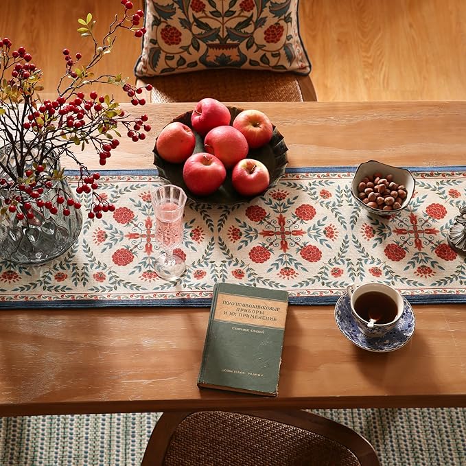 patdrea Designer Vintage Bright Farmhouse Extra Long Linen Table Runner 118 Inch Long, Maroon Floral Pattern Table Mat, Decor for Kitchen Dining Coffee Table Cabinet Banquet Christmas ,16"*118"