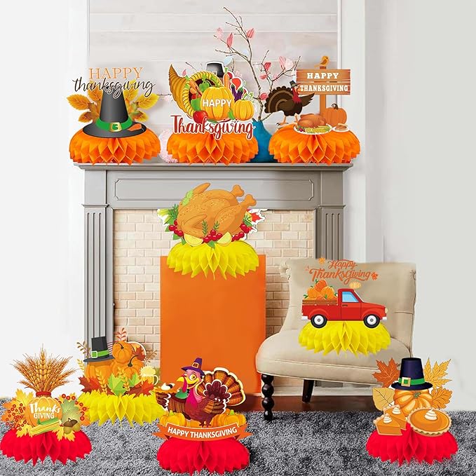 9Pcs Thanksgiving Centerpiece Fall Centerpiece Table Decorations Pumpkin Turkey Honeycomb Thanksgiving Table Centerpiece for Thanksgiving Table Decoration Autumn Theme Birthday Party Supplies