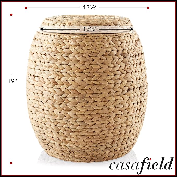 Casafield Round Storage Basket with Lid - Natural, Handwoven Water Hyacinth Organizer for Laundry, Blankets, Plants, Bedroom, Living Room, Home Office