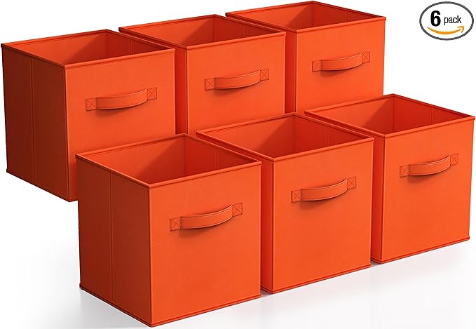 Sorbus Foldable Storage Cubes - 6 Fabric Baskets for Organizing Pantry, Shelf, Toy Box, Cubby, Closet - 11 Inch Collapsible Closet Organizers and Storage Bins with Handle (Orange)