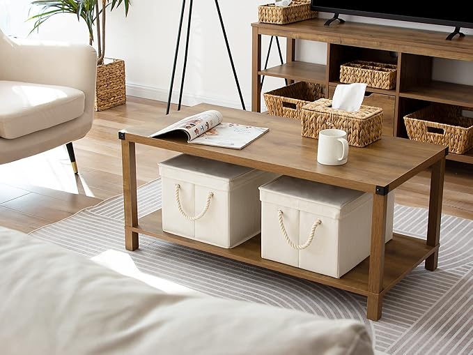 StorageWorks Storage Bins with Lids, Decorative Storage Boxes with Lid and Soft Rope Handles, Foldable Storage Baskets for Closet, Shelves, Stackable, 3-Pack, Ivory and White, Jumbo