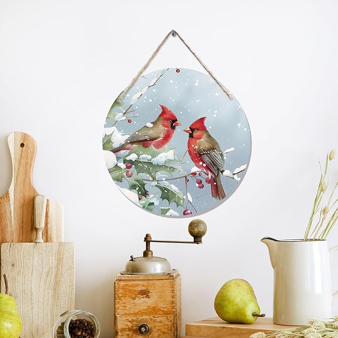 CGBHW Winter Christmas Cardinal Birds Wooden Sign, Winter Branches Berry Snowflake Snow Decoration Hanging Sign Wall Decor, Rustic Farmhouse Christmas Holiday Seasonal Wooden Sign for Home Door Decor 12 x 12 Inch