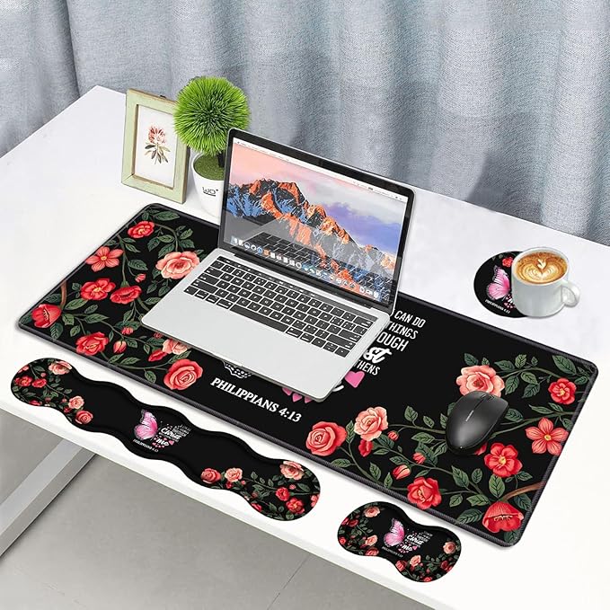 Ergonomic Memory Foam Mouse Pad Wrist Rest Set, Large Desk Pad + Keyboard Wrist Rest + Mouse Wrist Cushion + Coaster for Home Office Study Gaming, Floral Butterfly Quotes Bible Verse Philippians 4:13