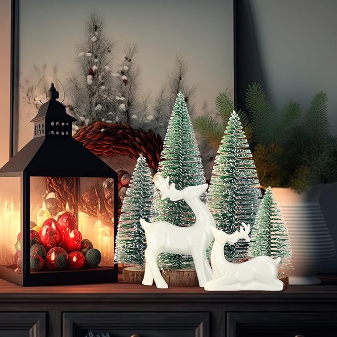 Wesiti 2 Pcs Ceramic Christmas Reindeer Figurines 4 Pcs Mini Christmas Pine Tree Reindeer Decor Deer Statue Sculpture Tabletop Ornaments for Home Mantel Shelves Decor(White)