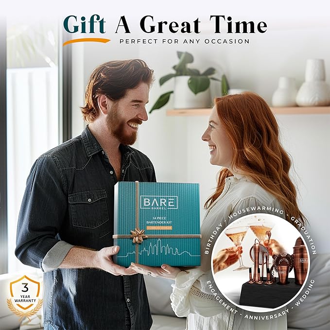 BARE BARREL® Mixology Bartender Kit Bar Set | 14-Piece Cocktail Shaker Set | Martini Barware Mixing Tools for Home Bartending | Incl. 35 Recipe Cards | Gift Set (24oz Cobbler Shaker, Copper/Black)