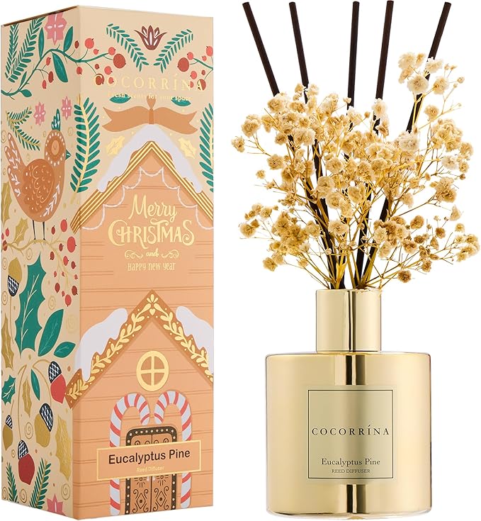 COCORRÍNA Reed Diffuser - Eucalyptus Pine Diffuser with 8 Sticks Home Fragrance Christmas Reed Diffuser for Bathroom Shelf Decor Home Decor