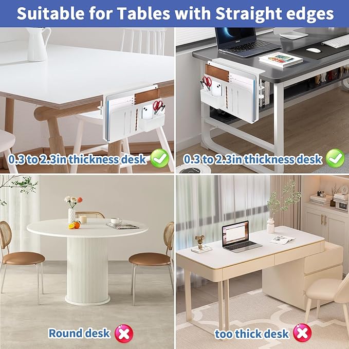 Desk Side Storage, Side Desk Laptop Holder with Anti-Scratch Pad & Magnetic Pen Holder, No Drill Under Table Laptop Mount Fits Flat Edge 0.3" to 2.3"