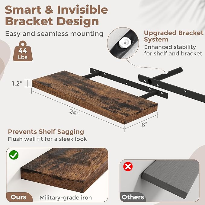 24 Inch Floating Shelves for Wall Set of 2, 8"D Wood Grain Bathroom Shelves with Invisible Brackets, Easy Install Engineered Wood Storage Shelves for Kitchen, Living Room, Bedroom, Rustic Brown Finish