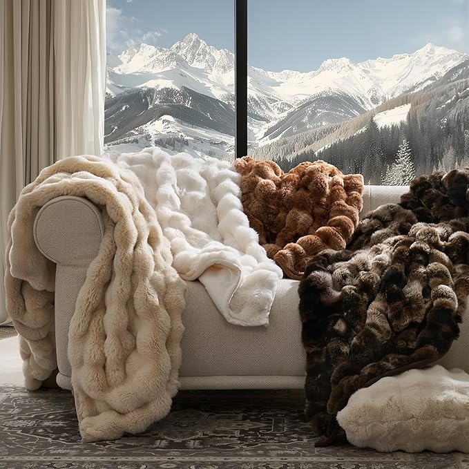 EverGrace Ultra Soft Luxury Fluffy Faux Rabbit Fur Throw Blanket, Thick Warm Bubble Throw for Bed, Cozy Plush Reversible Blankets for Couch, Chair, Sofa, Cream, 60x80 Inches