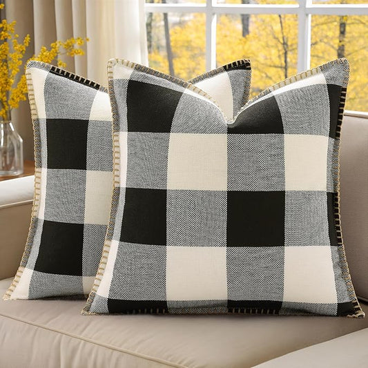 decorUhome Christmas Buffalo Plaid Check Throw Pillow Covers 18x18 Set of 2, Outdoor Linen Decorative Farmhouse Gingham Pillow Covers with Stitched Edge for Bed Couch Sofa, Black and White