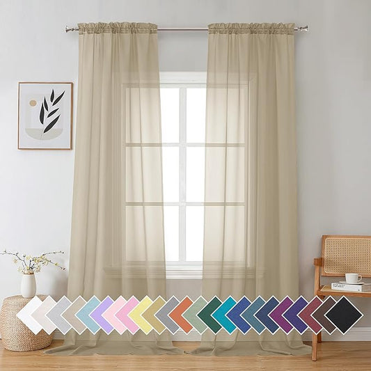 Aiyufeng Taupe Sheer Curtains 90 Inches Long 2 Panels Set, Semi Transparent Voile Rod Pocket Sheer Window Drapes for Bedroom Bed Canopy Living Room Dining Wedding Party Backdrop, 42W x 90L inch