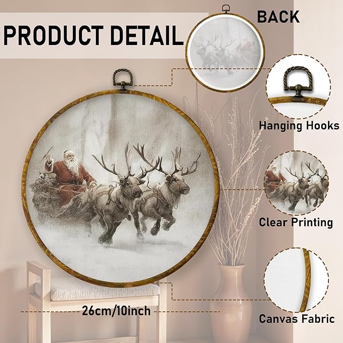 QZQE Vintage Christmas Santa and Reindeer Round Wall Art Decor Framed, Xmas Snowy Winter Circle Canvas Prints, Rustic Cozy Winter Circular Wall Hanging Decor for Home Bedroom Living Room, 10x10 Inch