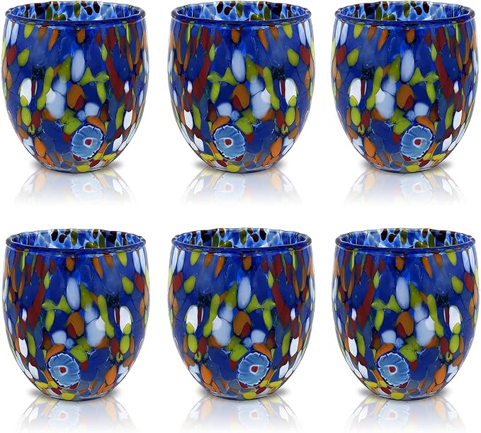 MAZZEGA ART & DESIGN - Set of 6 Handcrafted Blown Glass Water Glasses with Refined and Original Murano Murrine - The Colors of Murano - 'Classic 9,8 oz' Model. Made in Italy (6, Blue)