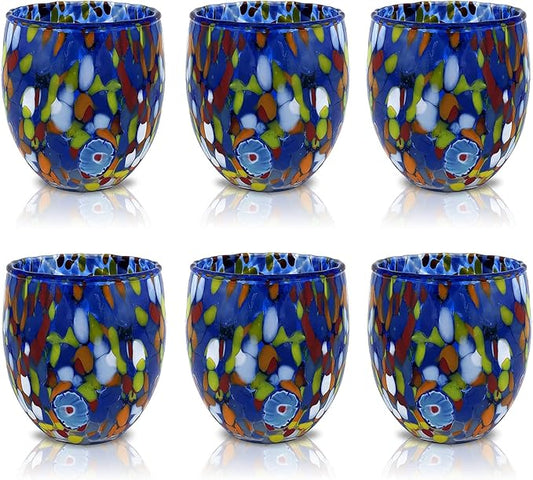 MAZZEGA ART & DESIGN - Set of 6 Handcrafted Blown Glass Water Glasses with Refined and Original Murano Murrine - The Colors of Murano - 'Classic 9,8 oz' Model. Made in Italy (6, Blue)