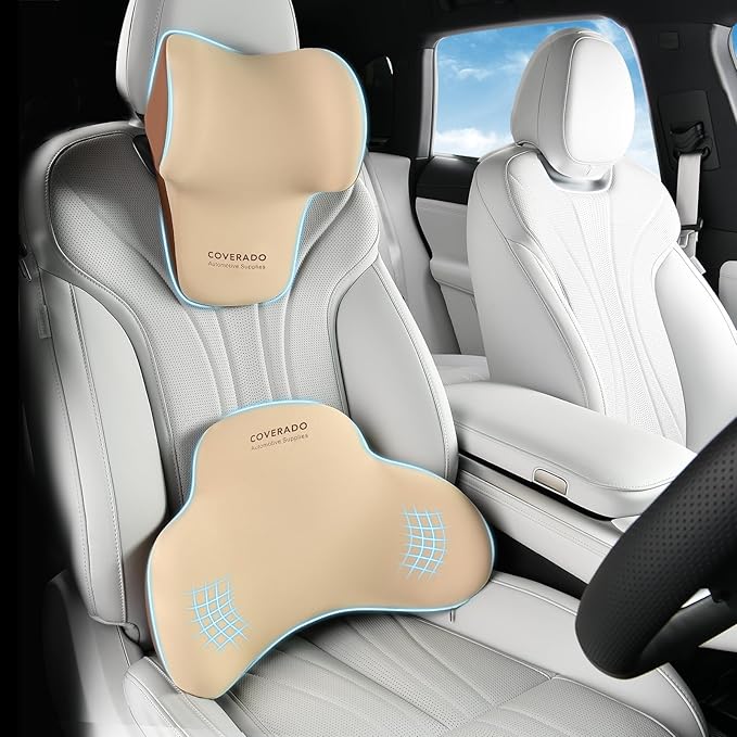 Coverado Lumbar Support and Headrest Pillow for Car, Memory Foam Ergonomic Head Neck Support Pillow for Driving Seat, Back Support and Pain Relief, Seat Cushion for Car, Driver, Office