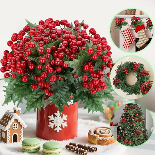 4 Bundles Fake Christmas Pine Branches with Red Berry Stems, Christmas Flowers Artificial for Norfolk Pine Garland and Trees, Faux Berry Picks for Holiday Home Decor