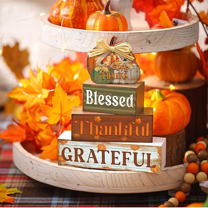 4 Pcs Fall Thanksgiving Decor for Home Thanks Pumpkin Wooden Signs with Blessed Autumn Tiered Tray Decor Give Thanks Tabletop Centerpiece Grateful Block Signs for Fall Office Kitchen Shelf
