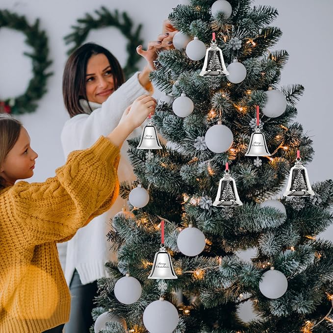 Styleonme Decorative Bells, Christmas Ornaments 2025, Engraved It's Merry Christmas 2025, Silvery Bells Decoration with Pendants Snowflakes