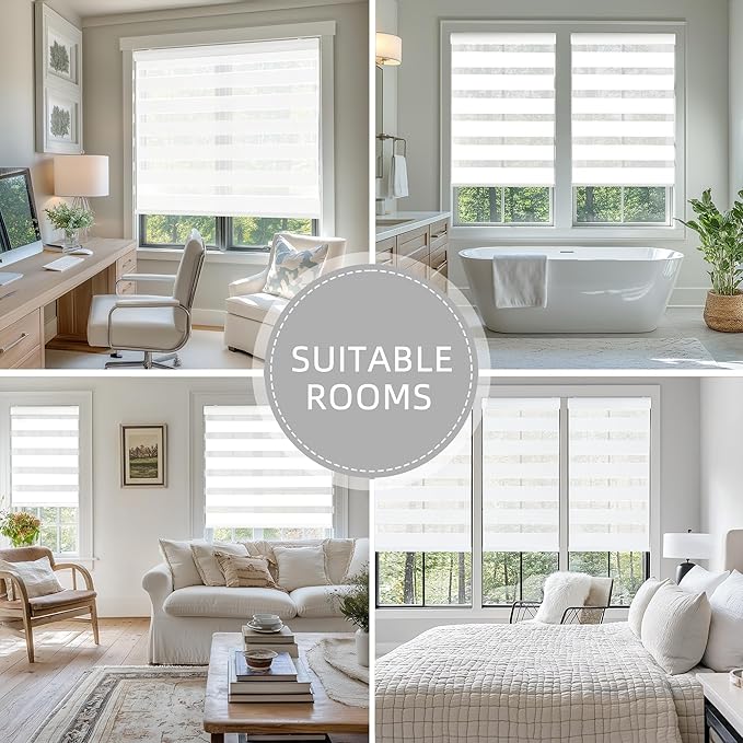 ChrisDowa Cordless Zebra Blinds for Windows, Dual Layer Free-Stop Light Filtering Window Roller Shades, Pull Down Privacy Zebra Shades for Home, Office, Bedroom, Door (39" W x 72" H, White)