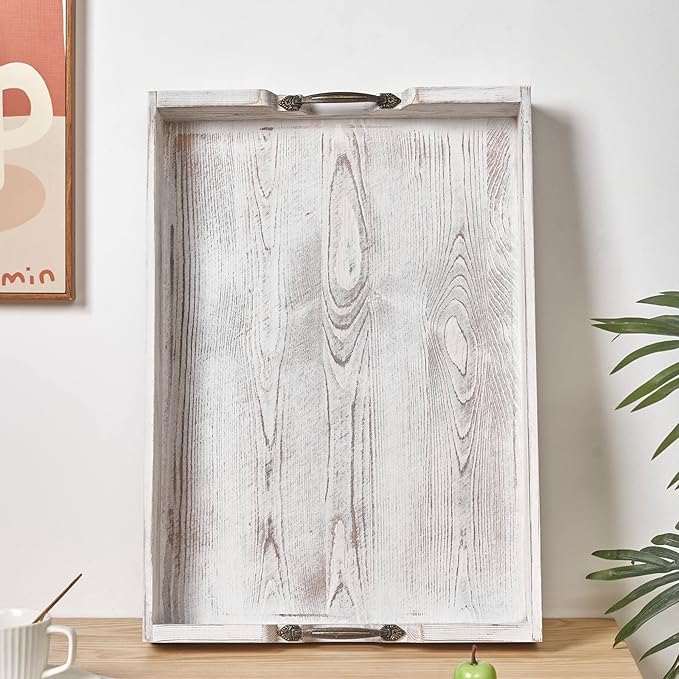 Large Wood Rectangular Serving Tray 20 x 14 Inch Rustic Wooden Ottoman Tray with Metal Handle and Wrapped Corners, Wood Coffee Table Tray Solid Pine Decorative Tray Whitewashed