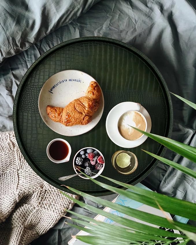 HofferRuffer Round Serving Tray 20'', Elegant Faux Leather Circle Ottoman Table Tray, Serve Tea Coffee Breakfast in Bedroom Living Room Kitchen(Green, 20")