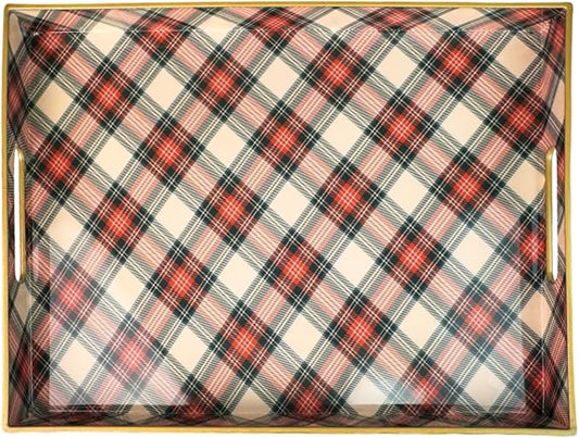 Rectangular Decorative Tray with Handles, Plastic Serving Tray for Living Room, Home Decor, Christmas，15.7" x 11.8" Red Plaid