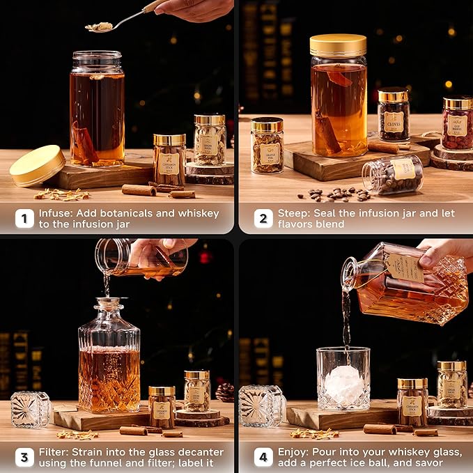 Whiskey Infusion Kit Gifts for Men – 12 Natural Ingredients, Decanter, Infusion Jar, Glass, Ice Mold – DIY Whiskey, Bourbon, Rum & Cocktail Infusion Set for Him, Dad, Husband