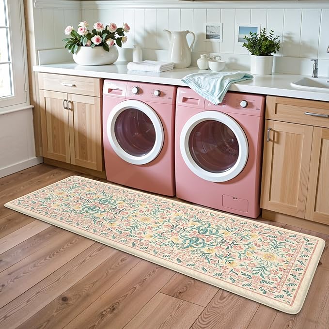 Collive Kitchen Mats for Floor, Cushioned Anti Fatigue Mat Pink Floral Rugs Non Skid Waterproof Sink Rug, Memory Foam Comfort Standing Mat for Office, Laundry, Desk, 2'x6'