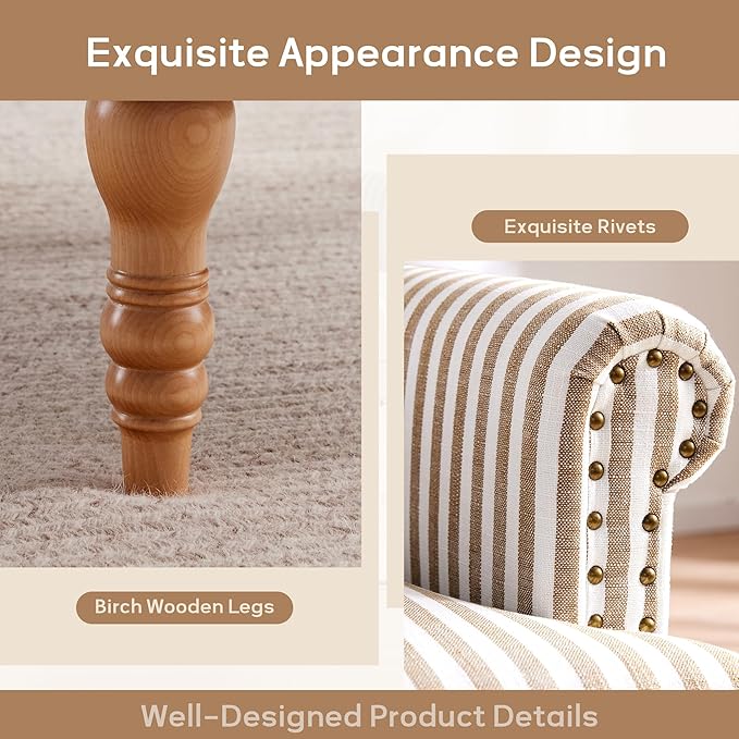 HUIMO Linen Fabric Accent Chairs Set of 2, Mid-Century Modern Armchair with Solid Wood Legs, Single Sofa Chair,Upholstered Reading Club Chair (2, Brown and White Stripe)