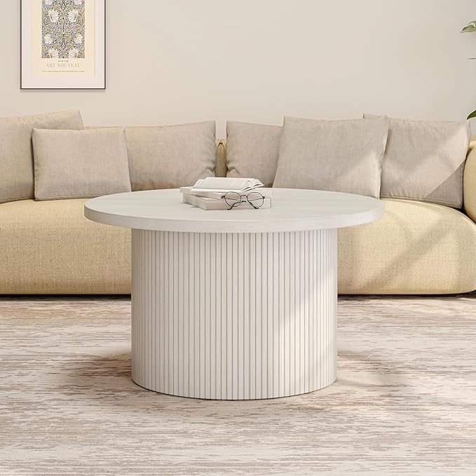 ONBRILL 31.5" Round Coffee Table, Tambour Design Coffee Tables for Living Room, Mid Century Modern Wood Coffee Table, Drum Accent Small Center Table, Natural White