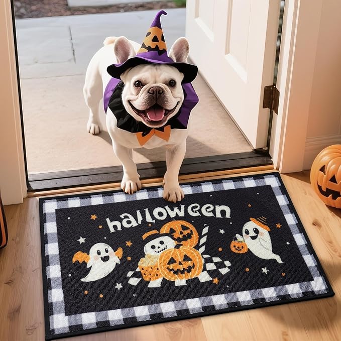 JSEI Halloween Holiday Doormat, 17''x30'' Non-Slip Ghost and Pumpkins Decorative Welcome Mats for Floor, Low-Profile Entryway Rugs Washable, Ghost and Pumpkins Pattern Black