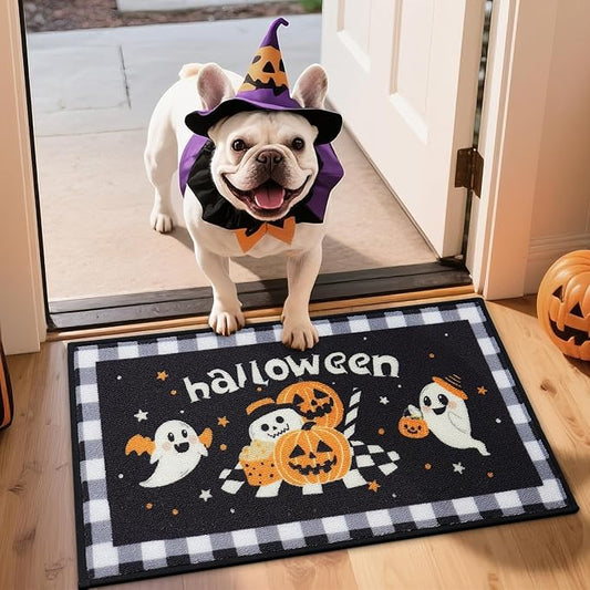 JSEI Halloween Holiday Doormat, 17''x30'' Non-Slip Ghost and Pumpkins Decorative Welcome Mats for Floor, Low-Profile Entryway Rugs Washable, Ghost and Pumpkins Pattern Black