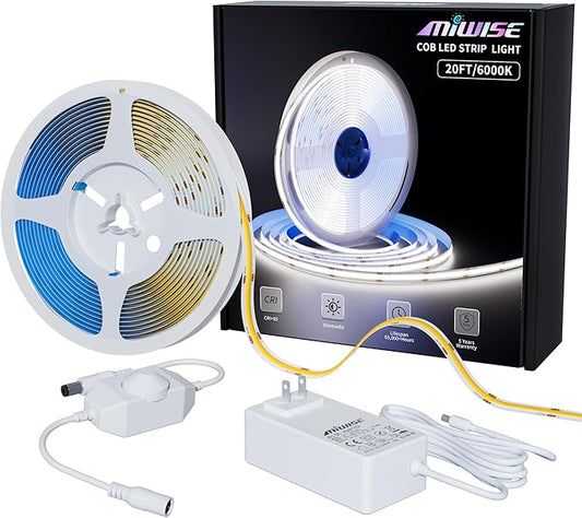 MIWISE COB LED Strip Light 20ft/6.1m,CRI 90+ Daylight White 6000K High Lumen Dimmable Super Bright Flexible DC24V LED Tape Light with Controller/Dimmer,for Cabinet Home Office DIY Lighting Projects