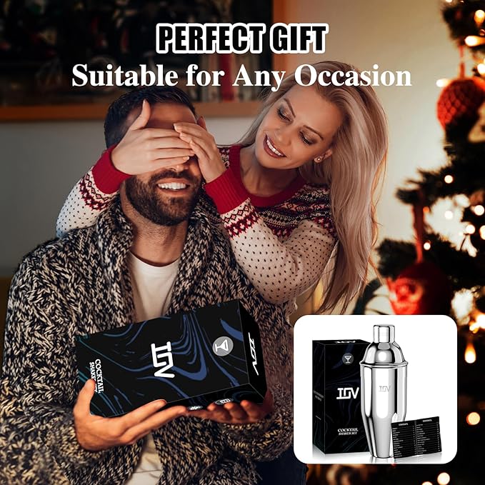 IOV Cocktail Shaker, 24 oz Martini Shaker, Drink Mixer with Built-in Strainer, Professional Stainless Steel Margarita Alcohol Shakers with Cocktail Recipe Guide, Bartender Kit Gifts