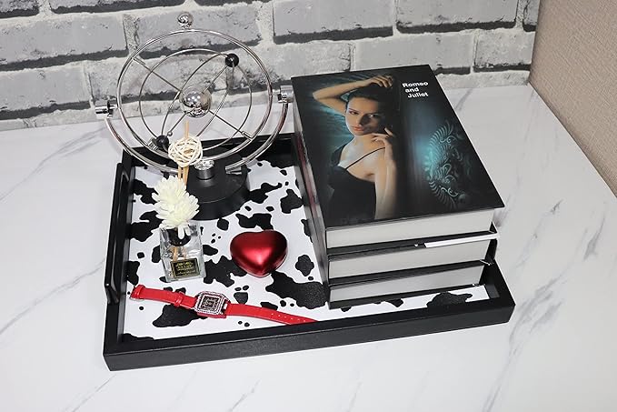 MCBZ Living Room Decorative Tray, Serving Tray, Coffee Table Tray, Leather Tray, Hardware Handle 16.5 x 12.6 inches (Black)