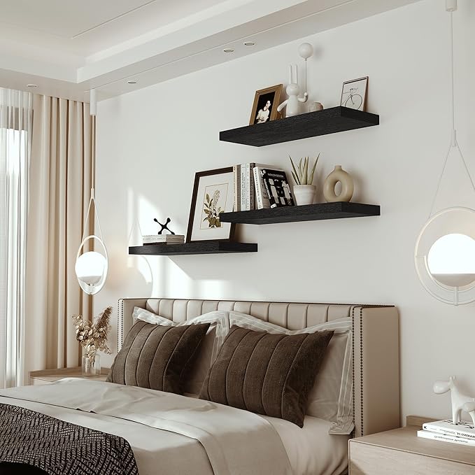 Vivelove Black Floating Shelves for Wall Mounted, 24 inchs x 9.1” Deep x 1.6” Thick Wall Shelves for Bedroom, Living Room, Bathroom，Kitchen, Office, Home Decor Shelf with Invisible Bracket - Set of 2