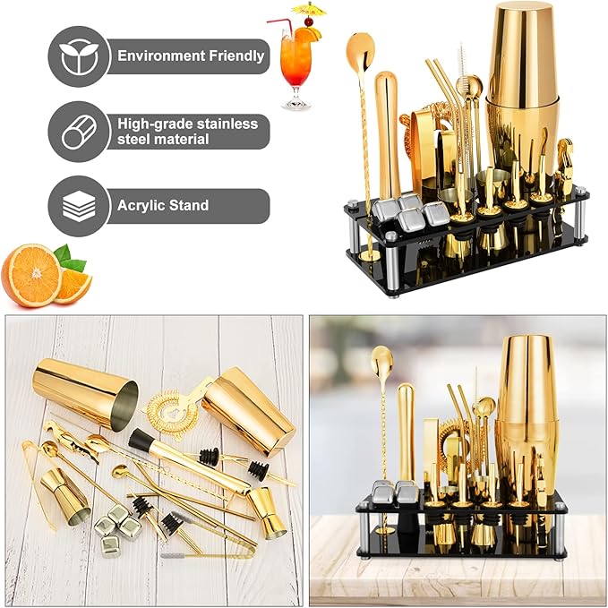 Cocktail Shaker Set, 23-Piece Boston Stainless Steel Bartender Kit with Acrylic Stand & Cocktail Recipes Booklet, Professional Bar Tools for Drink Mixing, Home, Bar, Party - Gold
