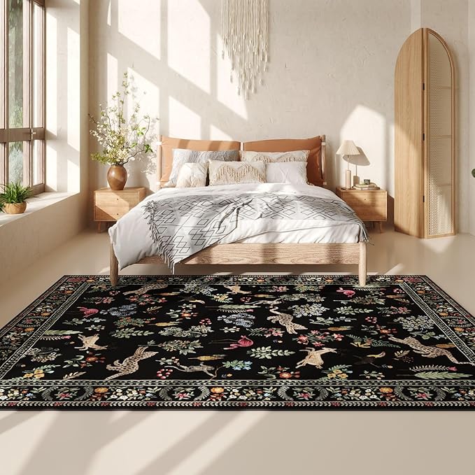 Rugcomf Living Room Rug 5x7 Rug Machine Washable Boho Area Rug Non Slip Floral Animal Vintage Low Pile Large Rugs for Living Room, Bedroom, Farmhouse, Dining Room, Kids Playroom (Black)